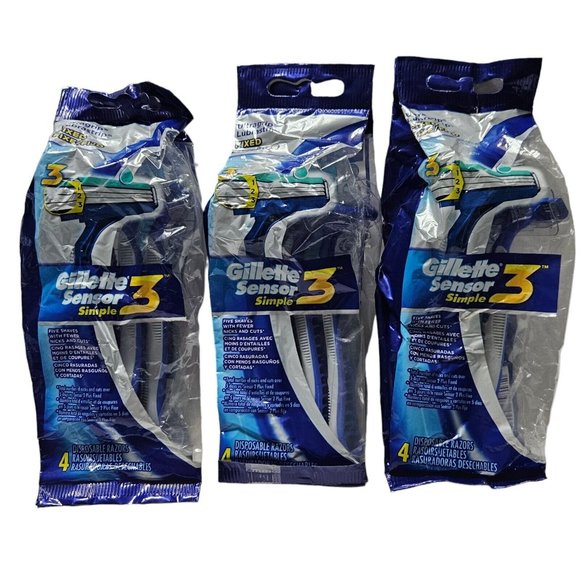 Gillette Sensor 3 Simple Disposable Razors, Fixed Head - 4PK - Lot of 3 - Picture 1 of 2